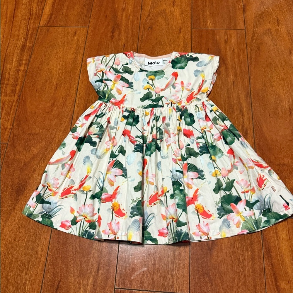 Molo White Floral Print Short Sleeve Girls Dress with Green and Pink Accents